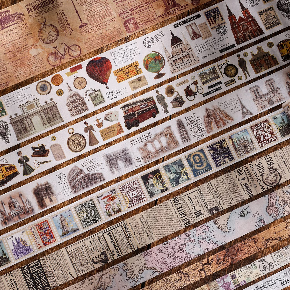 24 Rolls Vintage Washi Tape Set, Antique Car Buildings Map Stamp Stripe Writable Aesthetic Washy