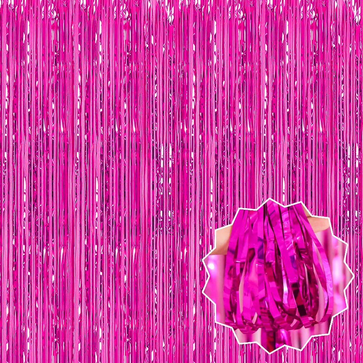 3 Pack Fuchsia Foil Fringe Curtains Backdrop, 3.28 x 9.8 Ft Metallic Streamers Tinsel Curtains