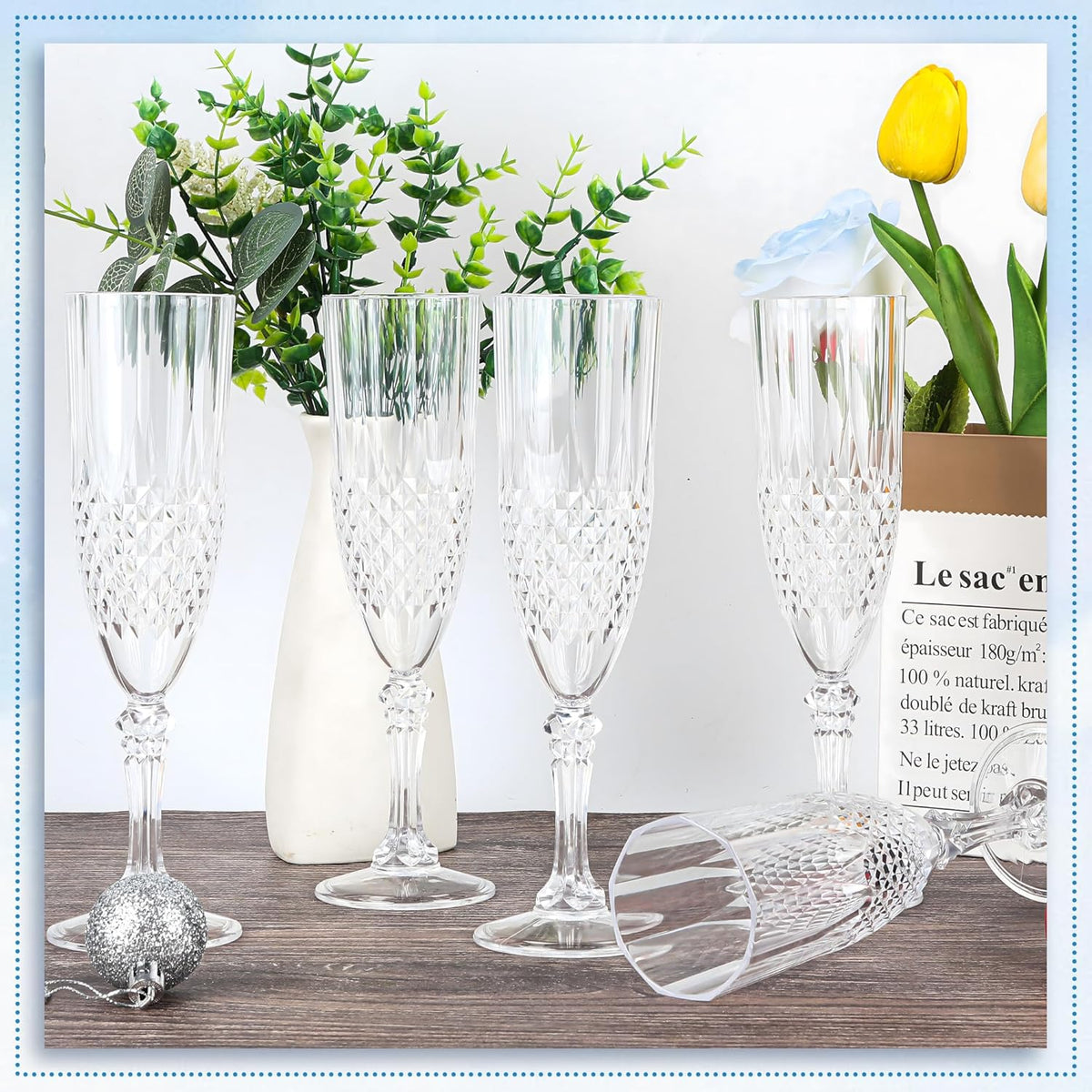 Plastic Champagne Flutes, 48PCS Transparent White Wine Glasses Goblets Cups Shatterproof Reusable