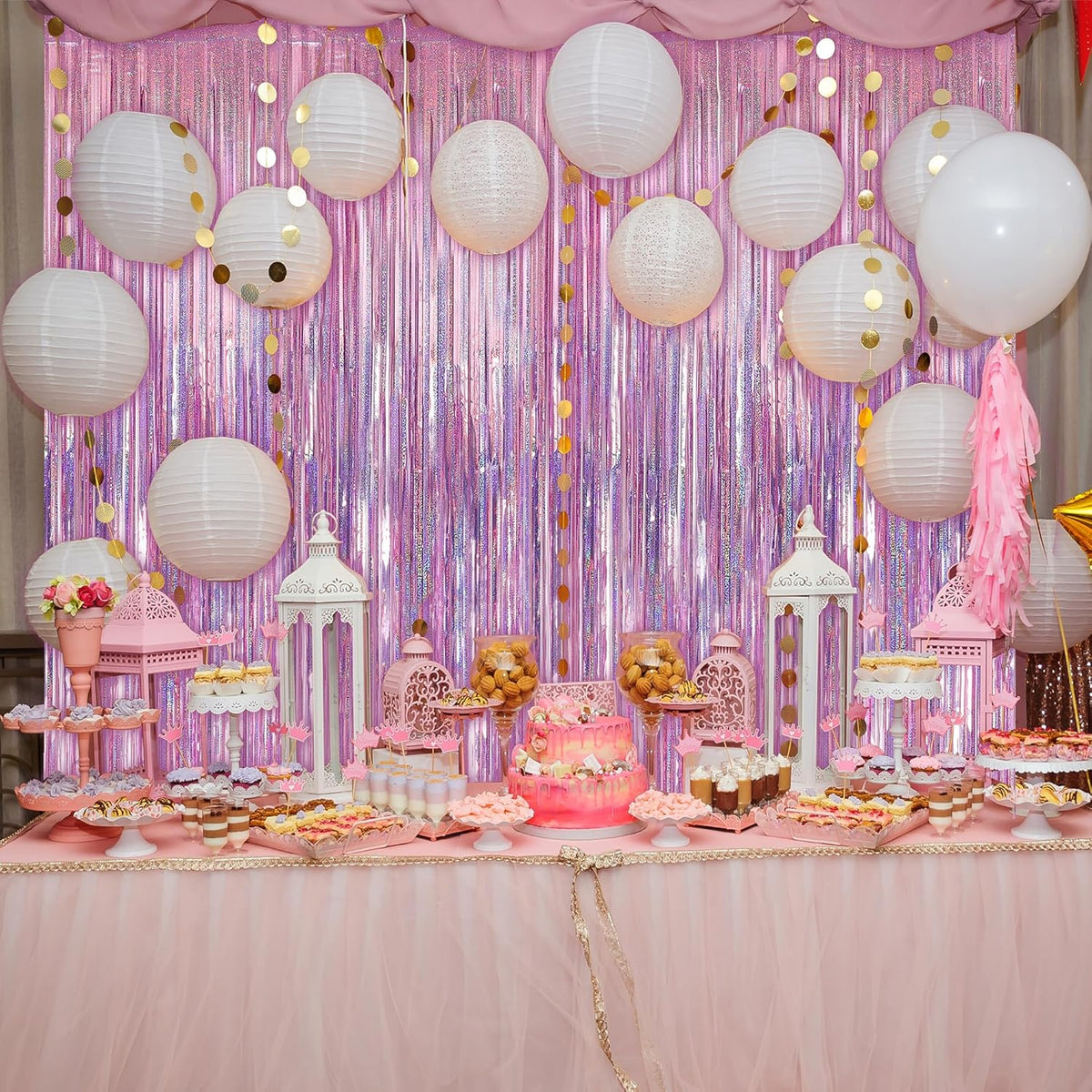 Crosize 3 Pack 3.3 x 9.9 ft Pink Foil Fringe Backdrop Curtain, Streamer Backdrop Curtains