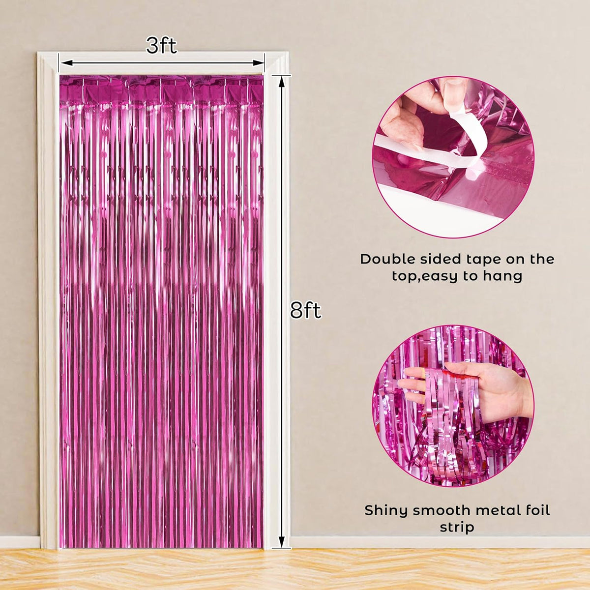 BTSD-home 10 Pack Pink Foil Fringe Curtain, Metallic Photo Booth Backdrop Tinsel Door Curtains for