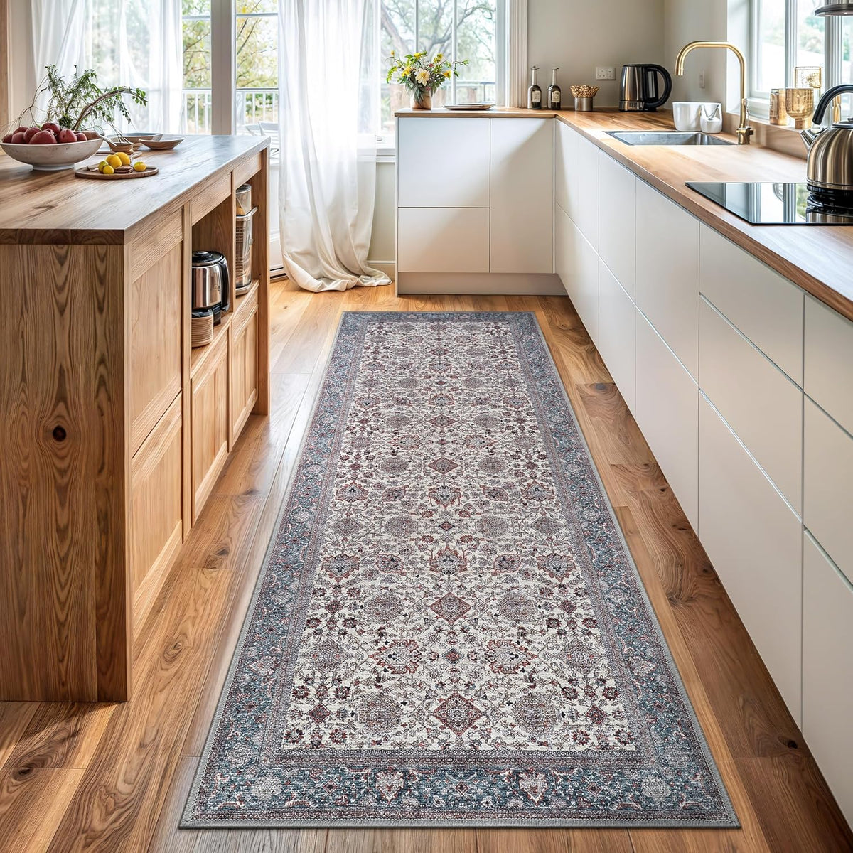 Bloom Rugs Washable Non-Slip 12 ft Runner - Teal/Blue/Beige Traditional Oriental Runner for