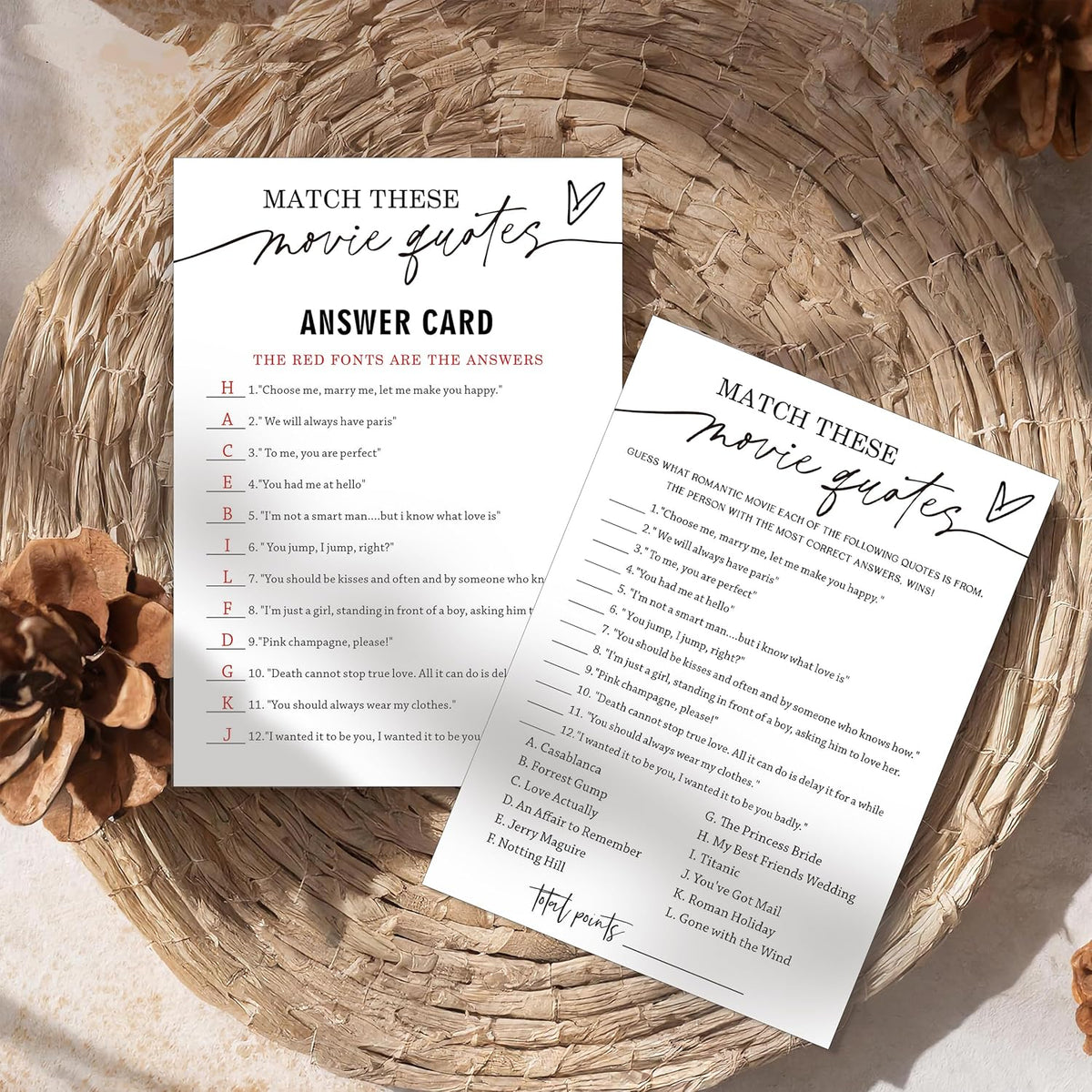 Fun Bridal Shower Games Set 25 Wedding Games Cards with 1 Answer Card Match Movie Quotes for