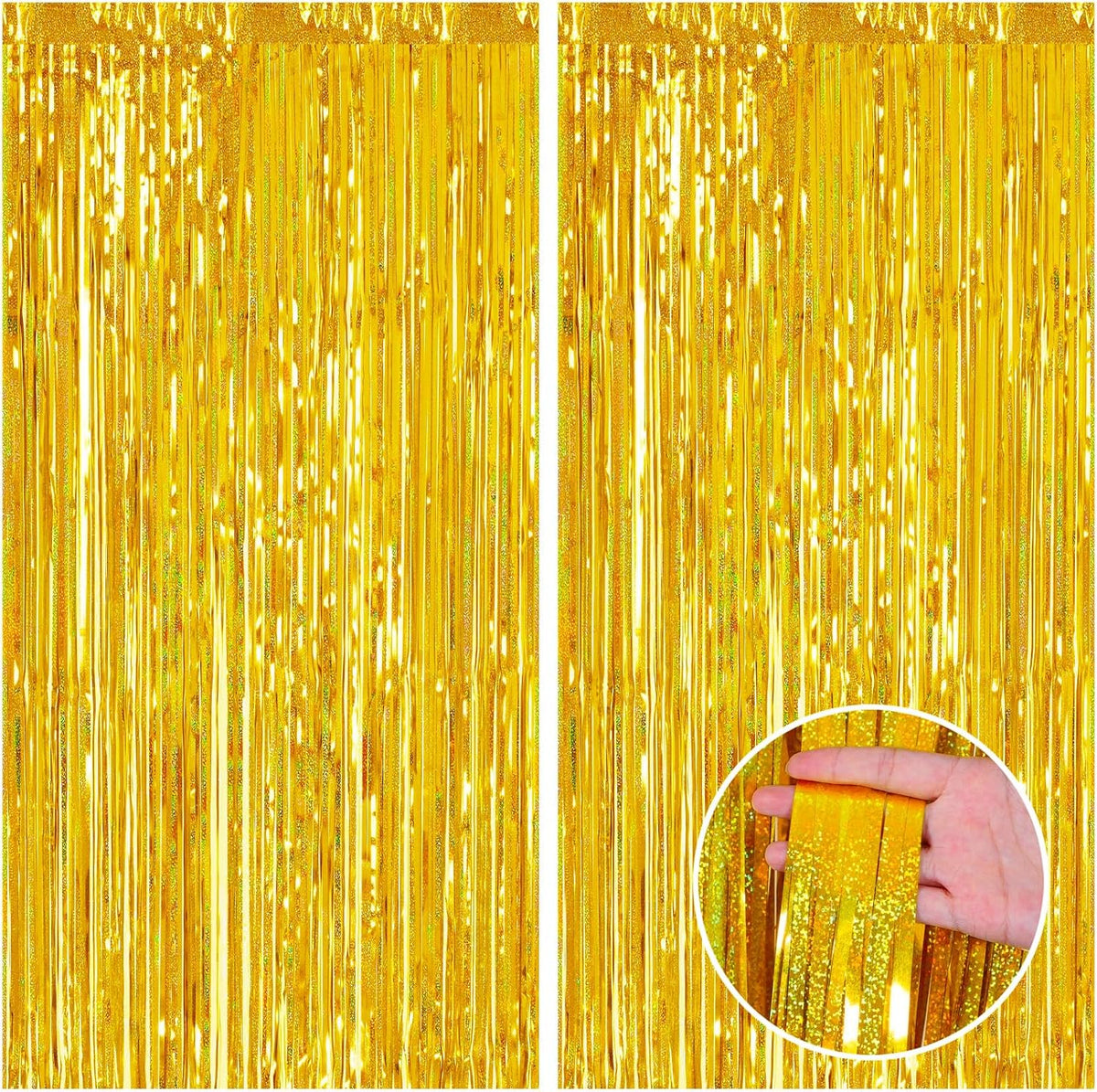 CANREVEL 2 Pack 3.3x8.2 Feet Laser Gold Foil Fringe Backdrop Curtains, Tinsel Streamers Birthday