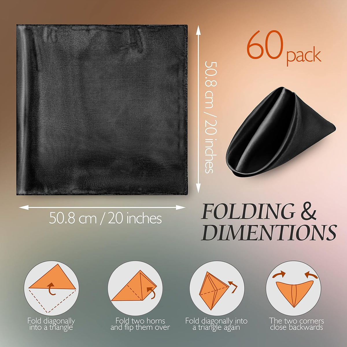 Manyshofu 60 Pieces Black Satin Napkins - 20x20 Inches Cloth Napkins, Square Satin Fabric Napkins