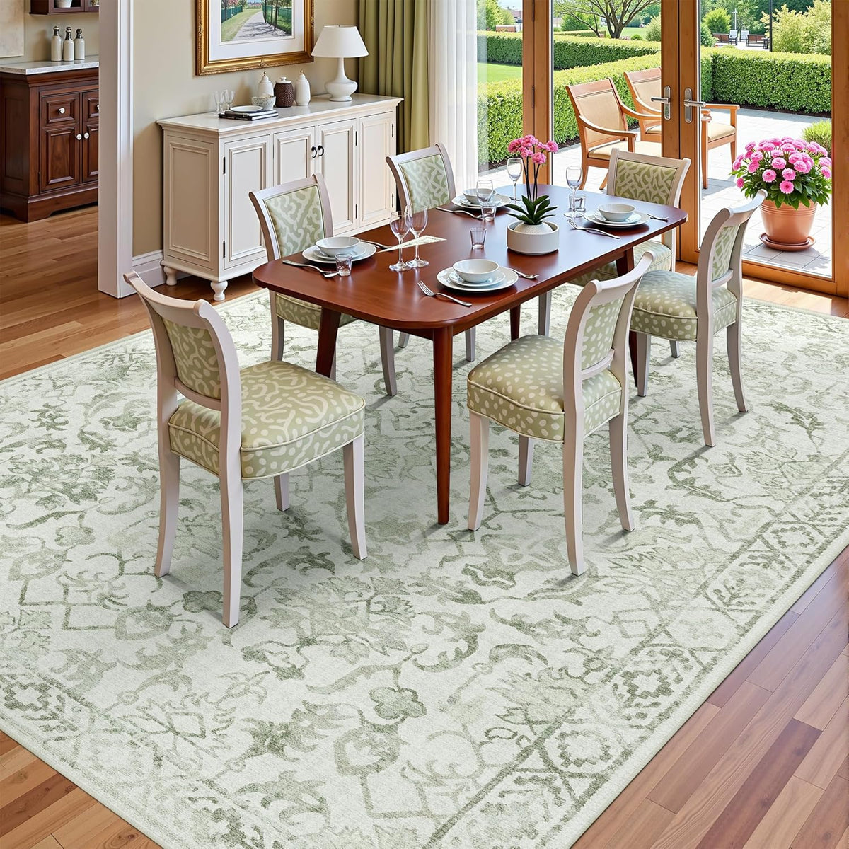 Sage Neutral Large Area Rug 9x12 for Living Room, Washable Rug for Dining Room Bedroom, Anti-Slip