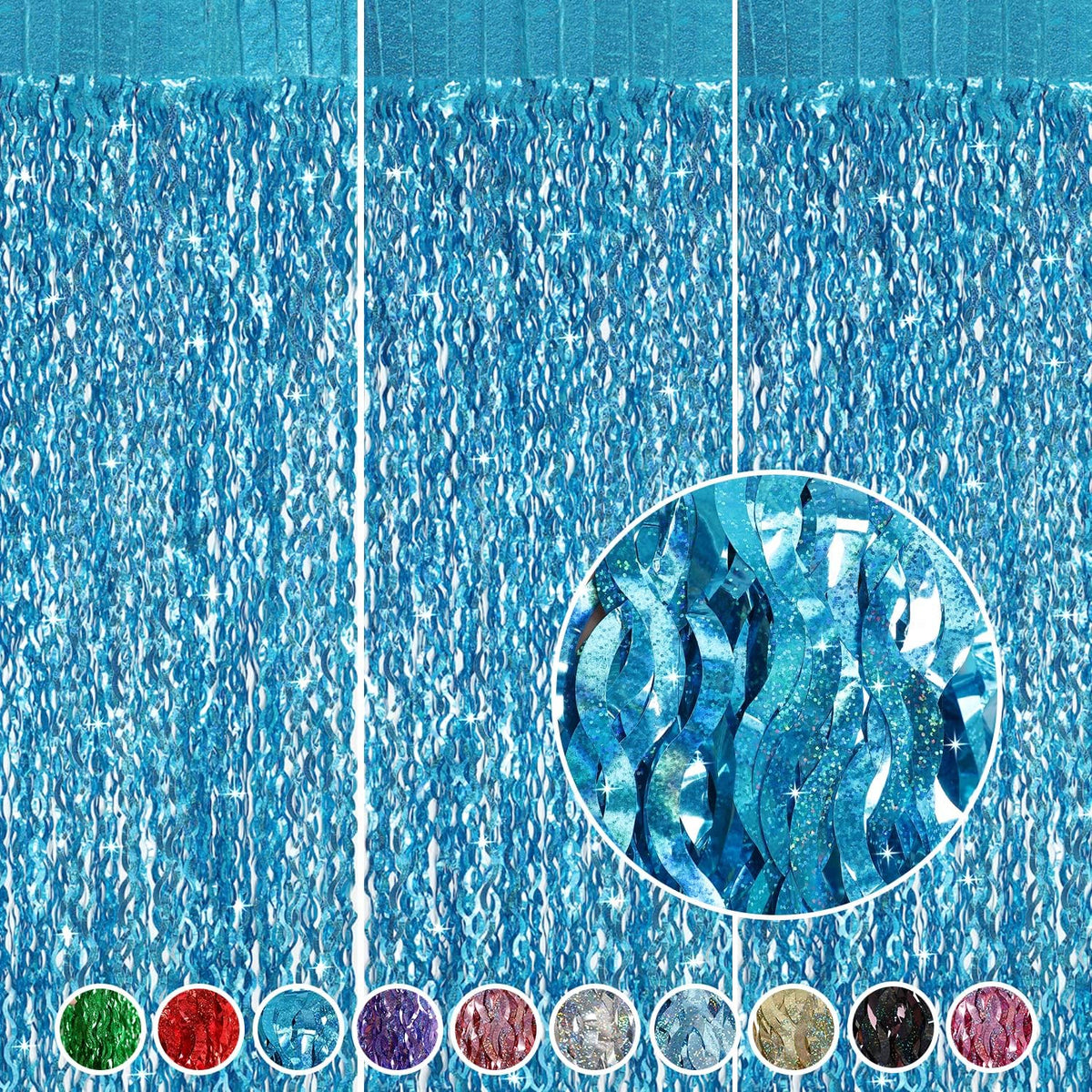 3 Pack 3.3 ft x 6.6 ft Teal Foil Fringe Curtains - Sparkle Metallic Curtains Party Decorations