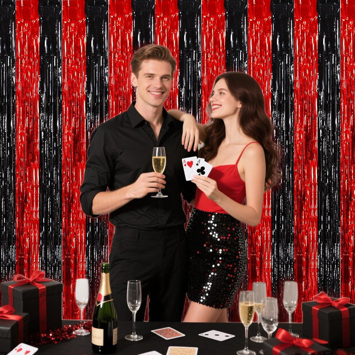 BEISHIDA Red Black Door Streamers Backdrop Foil Fringe Tinsel Party Streamers Curtains Photo