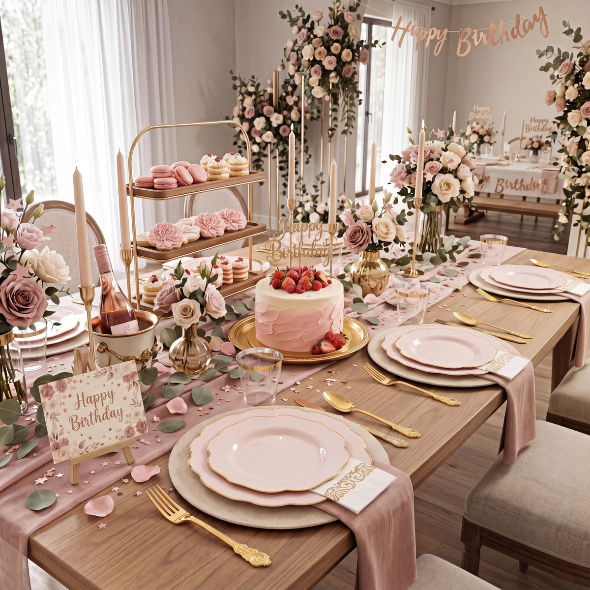 NOCCUR 175PCS Pink Plates with Gold Disposable Silverware - Include 50 Pink Plastic Plates,25