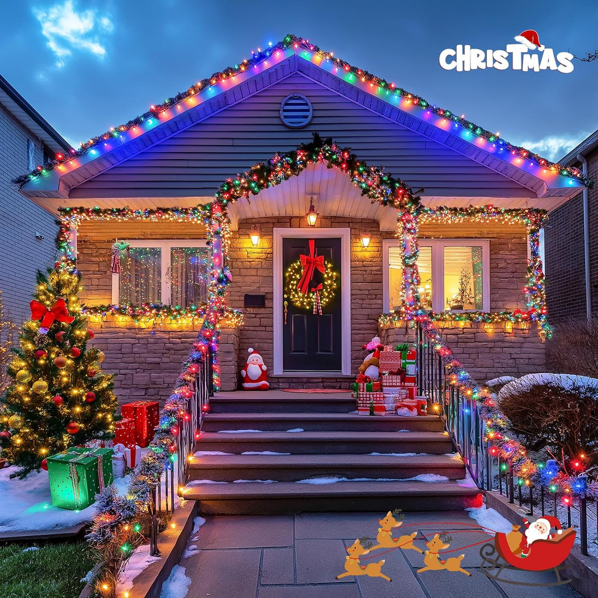 JMEXSUSS 2 Pack Warm White & Multicolor Solar Christmas Lights Outdoor, Each 100 LED 33ft Solar