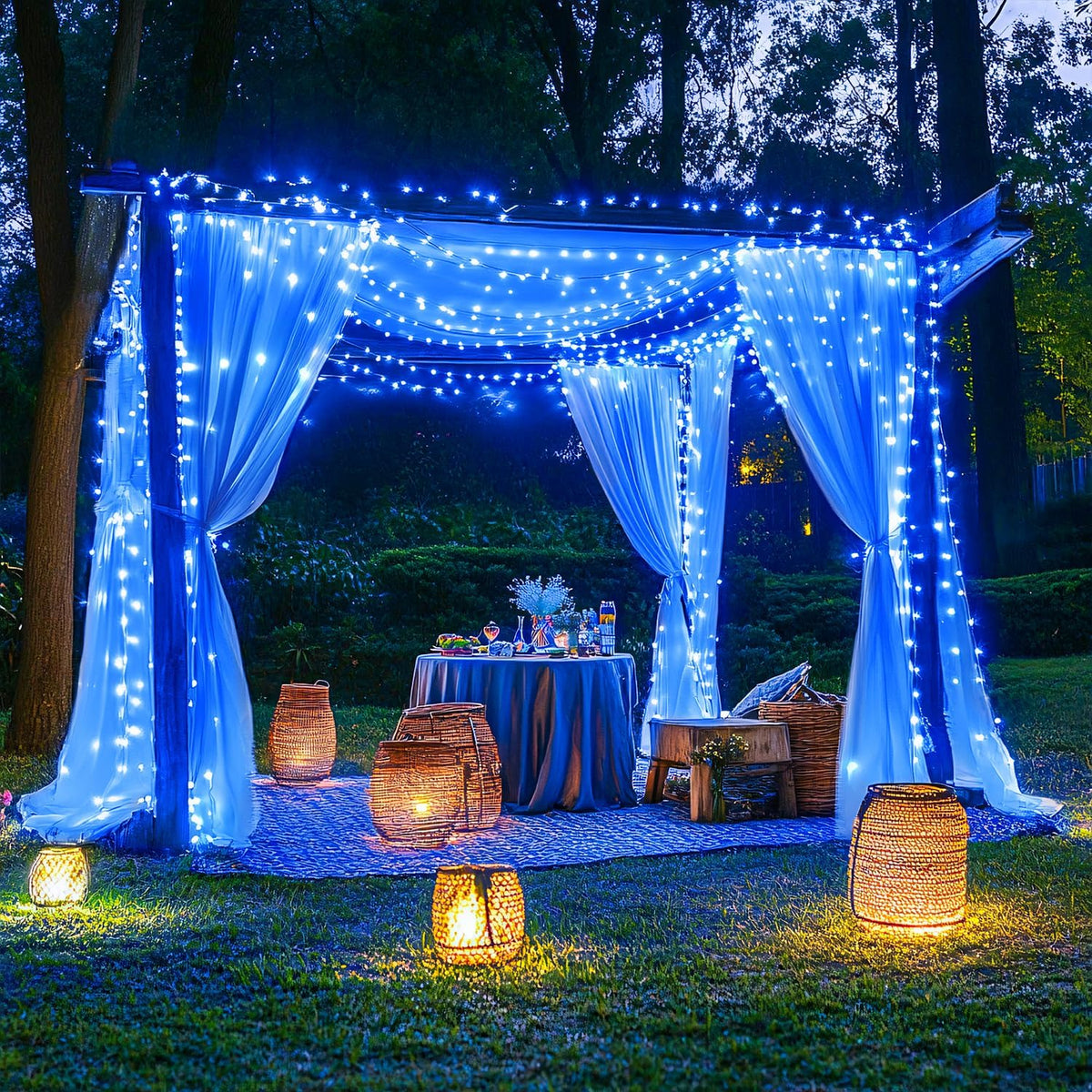 JMEXSUSS 2 Pack Blue Solar Christmas Lights: 100 LED 33ft Blue Solar Lights Outdoor, 8 Modes Solar