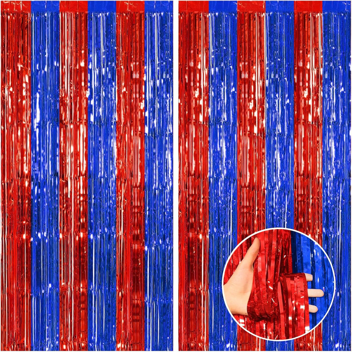 CANREVEL 2 Pack 3.3x8.2 Feet Blue and Red Foil Fringe Backdrop Curtains, Tinsel Streamers Birthday