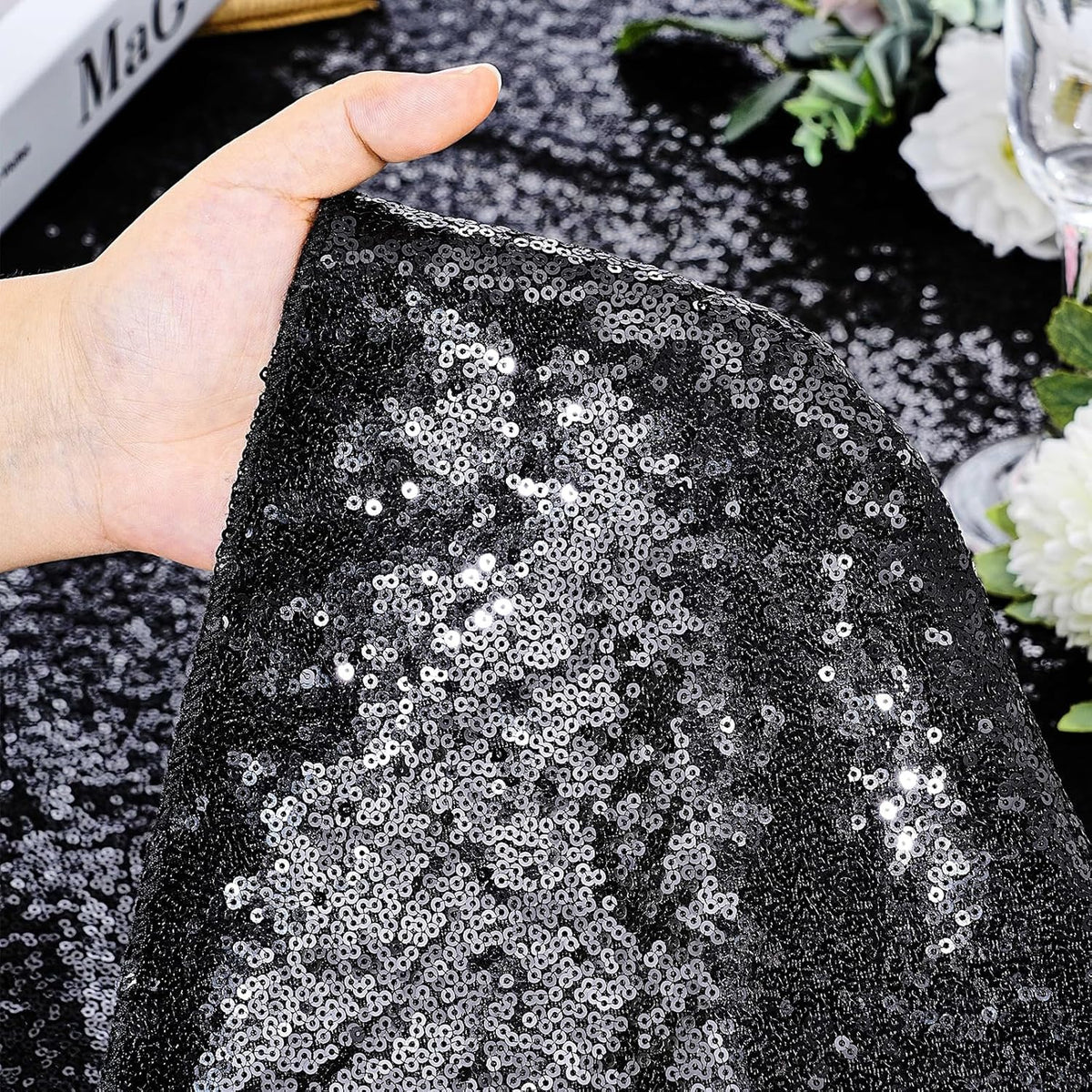 QueenDream Black Party Decorations Sequin Tablecloth: Glitter Overlay 90x90 Inch Table Drapes for