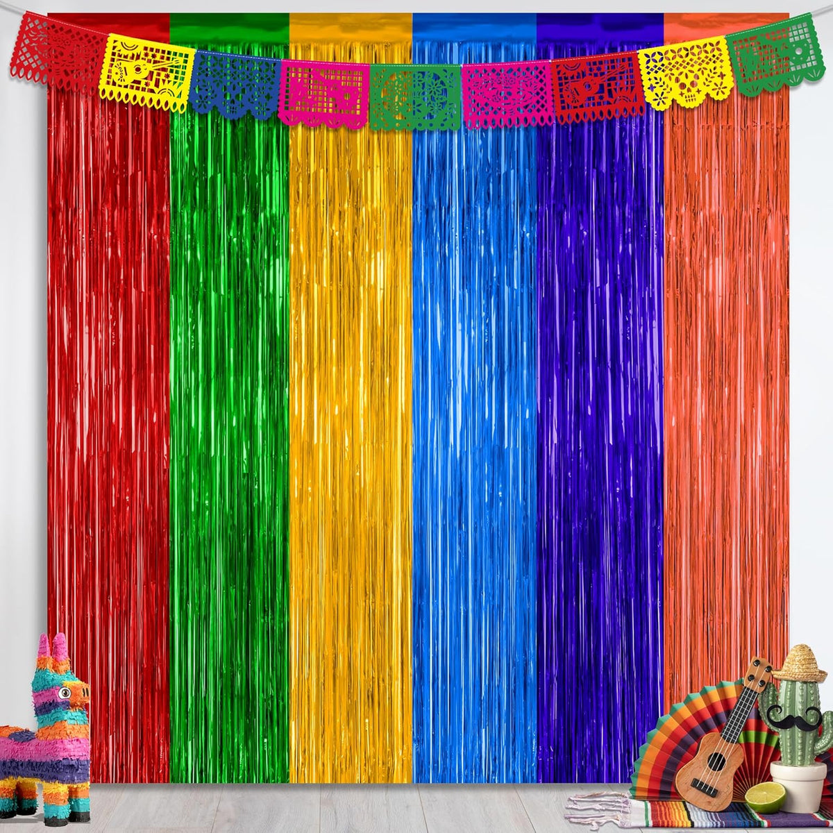 2 Pack Cinco De Mayo Decorations, 3.28 FT x 7.05 FT Fiesta Rainbow Backdrop, Mexican Style Fringe