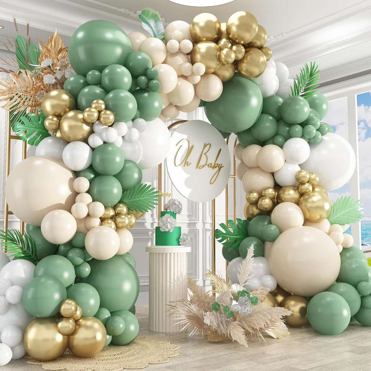 412Pcs Sage Green White Sand Gold Balloons Garland Arch Kit,18 12 10 5 Inch Different Sizes