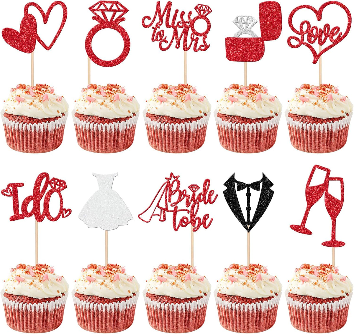 30 PCS Bride to Be Cupcake Toppers Glitter Miss to Mrs I Do Love Heart Ring Cupcake Picks Wedding