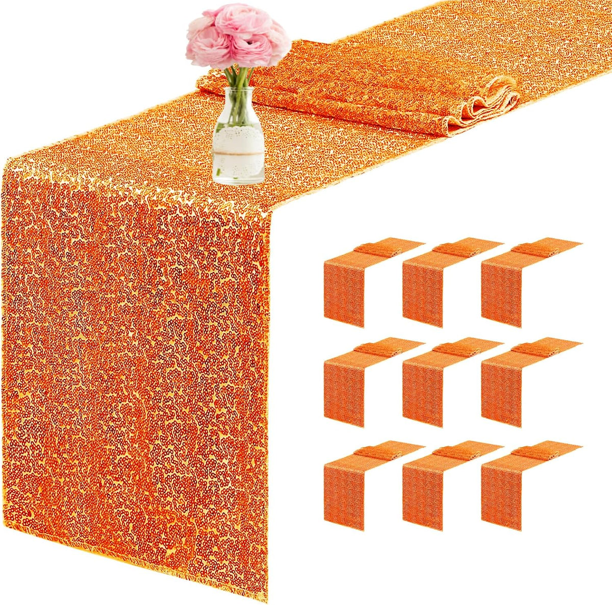 10 Packs 12 x 72 inches Sequin Table Runner, Orange Glitter Table Runner for Birthday Party