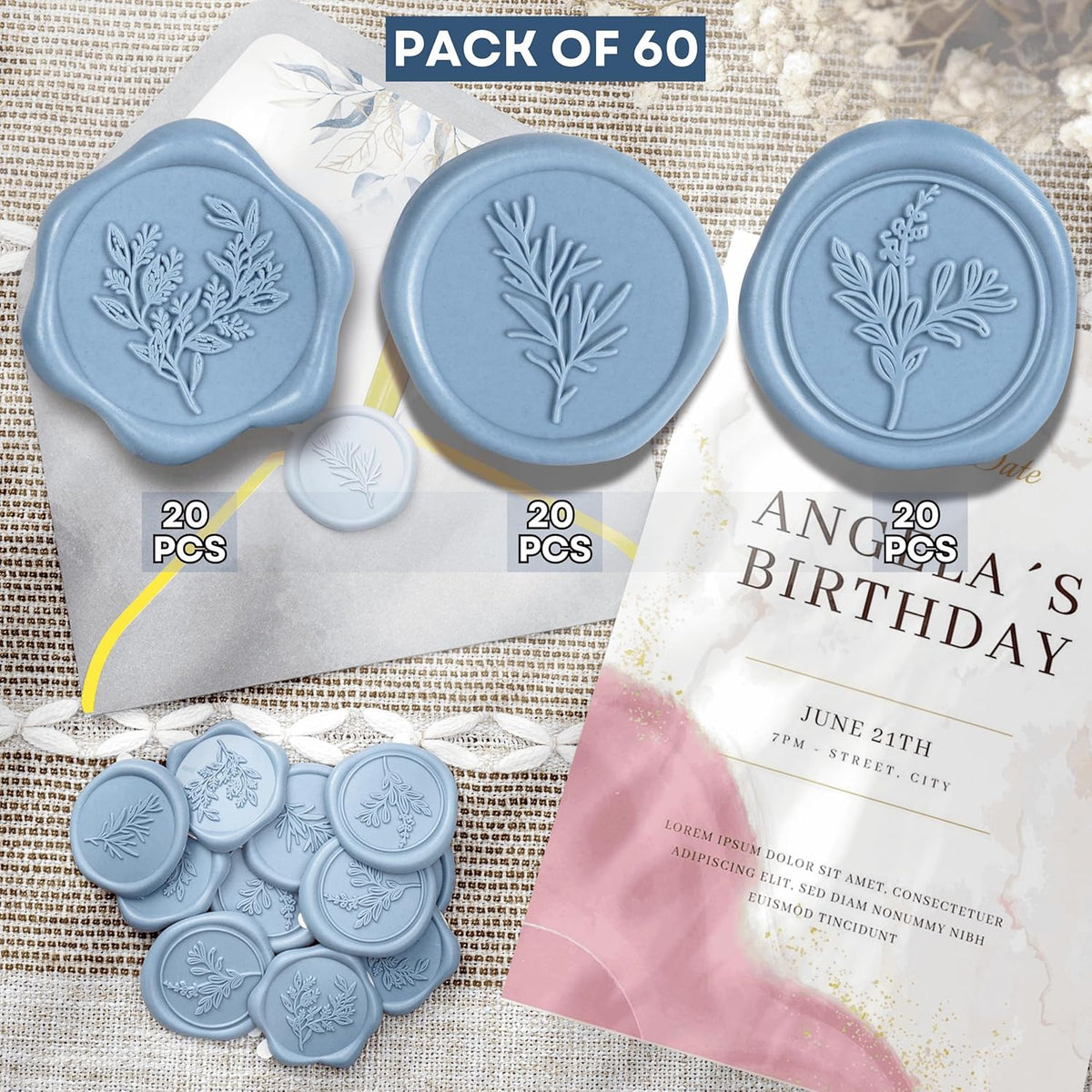 Wax Seal Stickers (60 Pcs, 3 Designs in 1 Pack) Premium Envelope Seal Stickers for Wedding