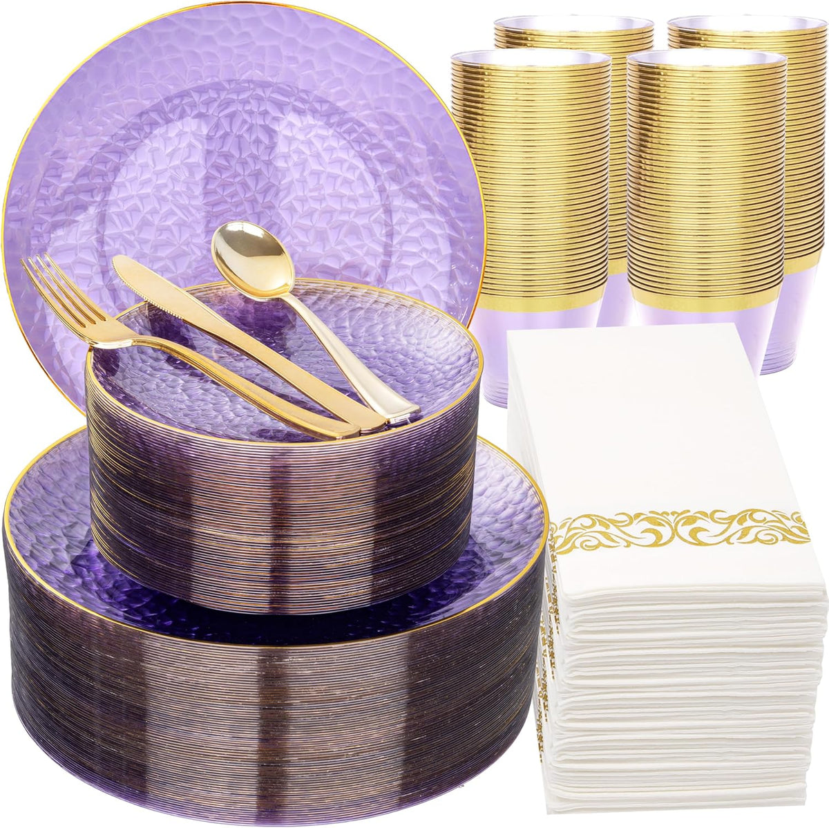 Rubtlamp 350 Pcs Clear Purple Plastic Plates, Gold Plastic Dinnerware Set (50 Guests), Purple