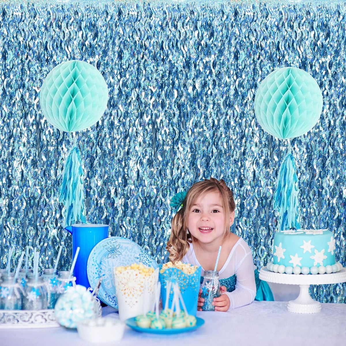 TONIFUL 3Pcs Wavy Metallic Tinsel Foil Fringe Curtains Light Blue Streamer Backdrop for Photo Booth