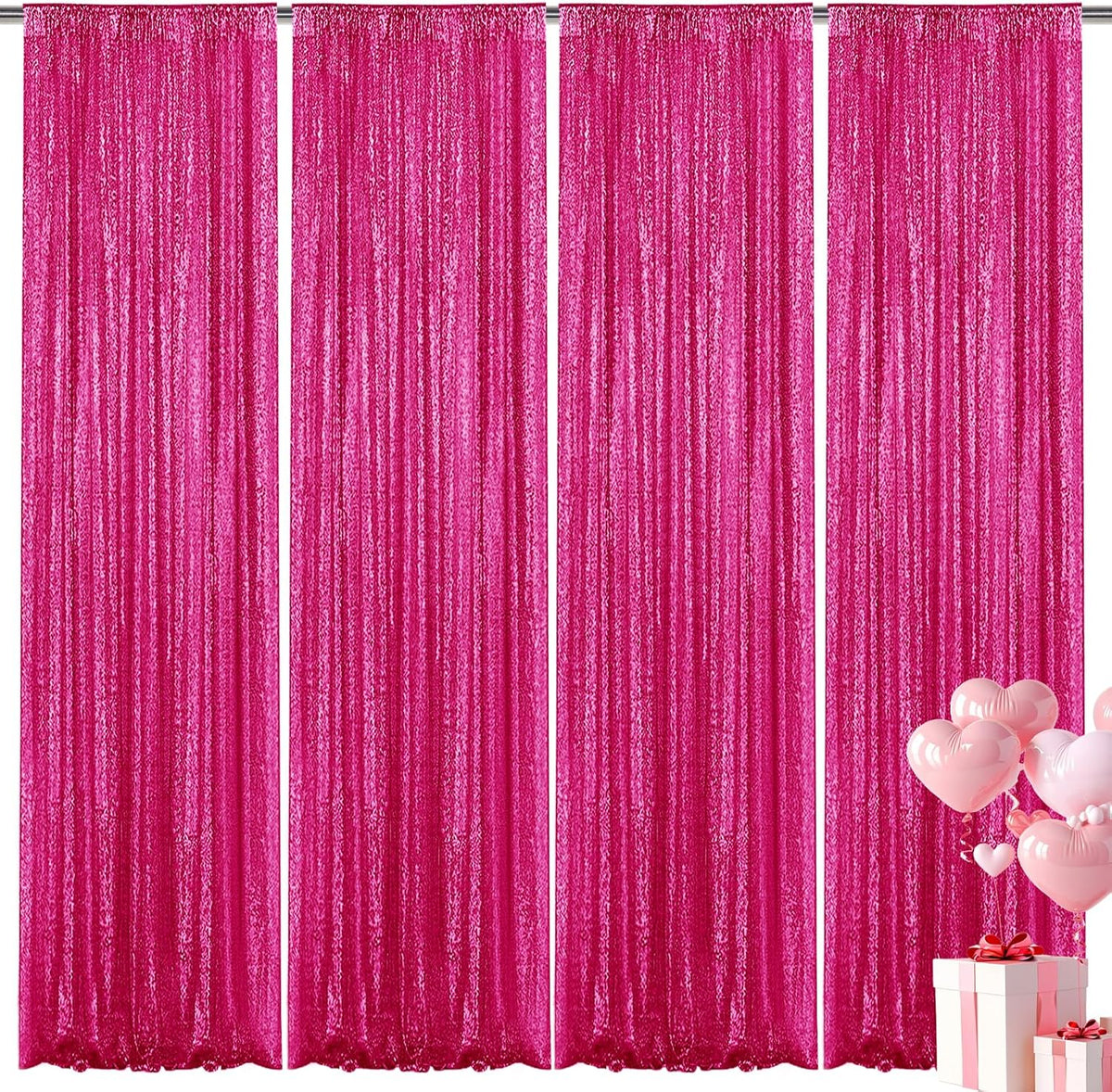 Fuchsia Sequin Backdrop Curtain 4 Pieces 2FTx8FT Glitter Photography Backdrop for Party Wedding