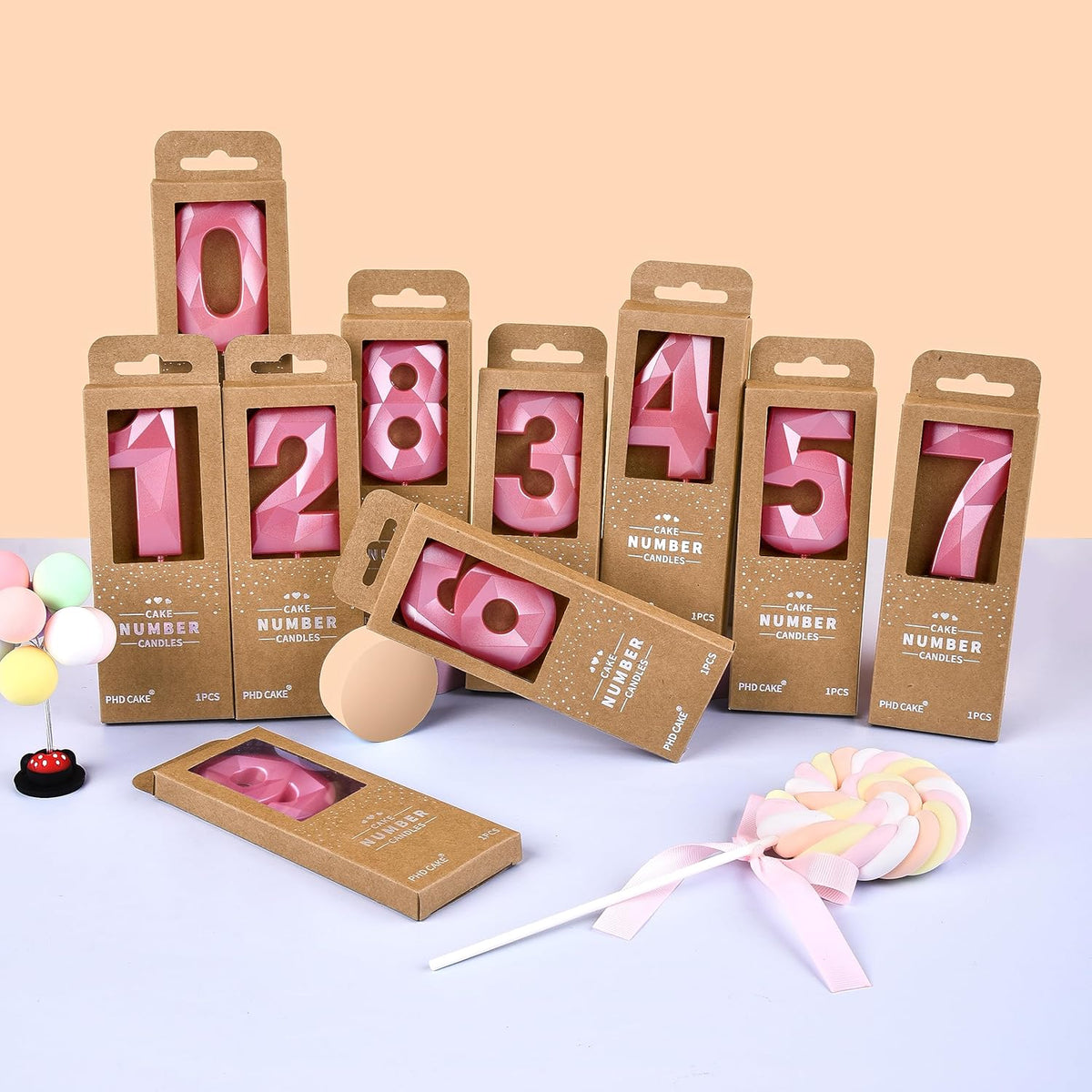 PHD CAKE 2.76 Inch Crystal Pink 8 Number Birthday Candles, Pink Cake Candles for Party Celebration