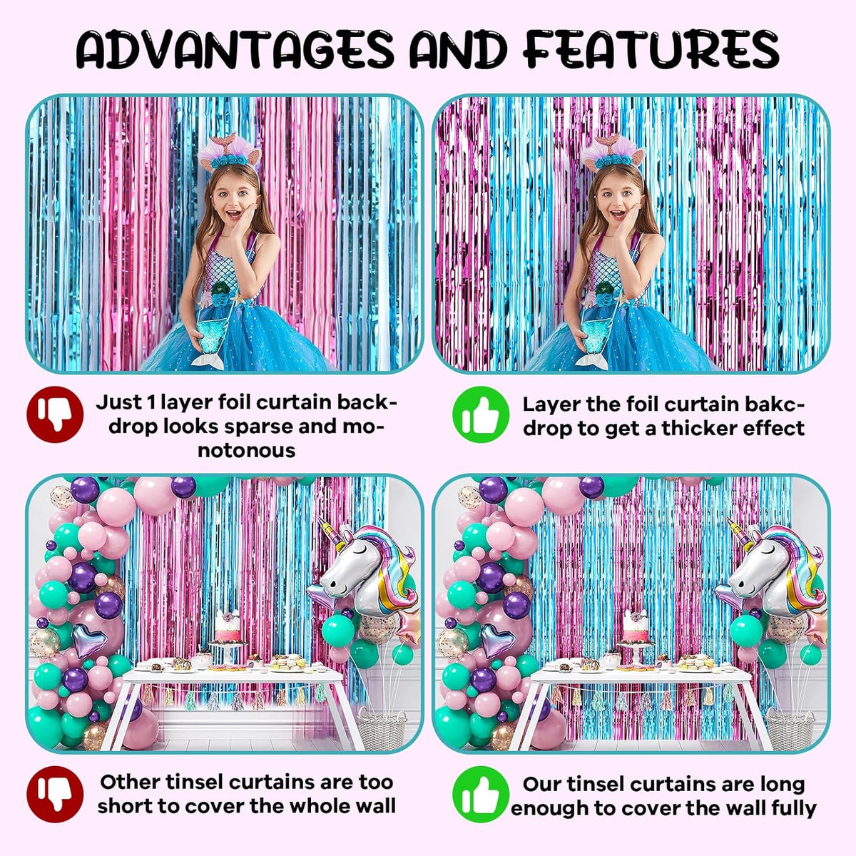 4 Pack 3.3x8.2 Feet Blue and Pink Foil Fringe Backdrop Curtains, Tinsel Streamers Birthday Party