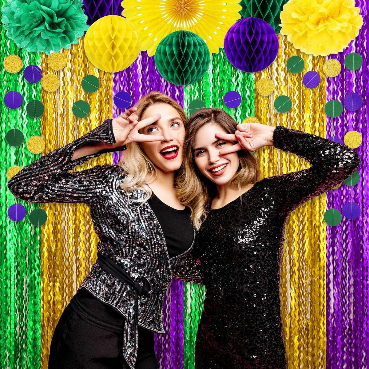 4 Pack Gold Green Purple Wave Foil Fringe Curtain Backdrop, 3.28Ft x 8.2Ft Metallic Tinsel Foil