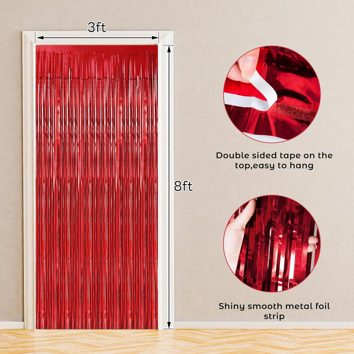 BTSD-home 10 Pack Red Foil Fringe Curtain, Metallic Photo Booth Backdrop Tinsel Door Curtains for