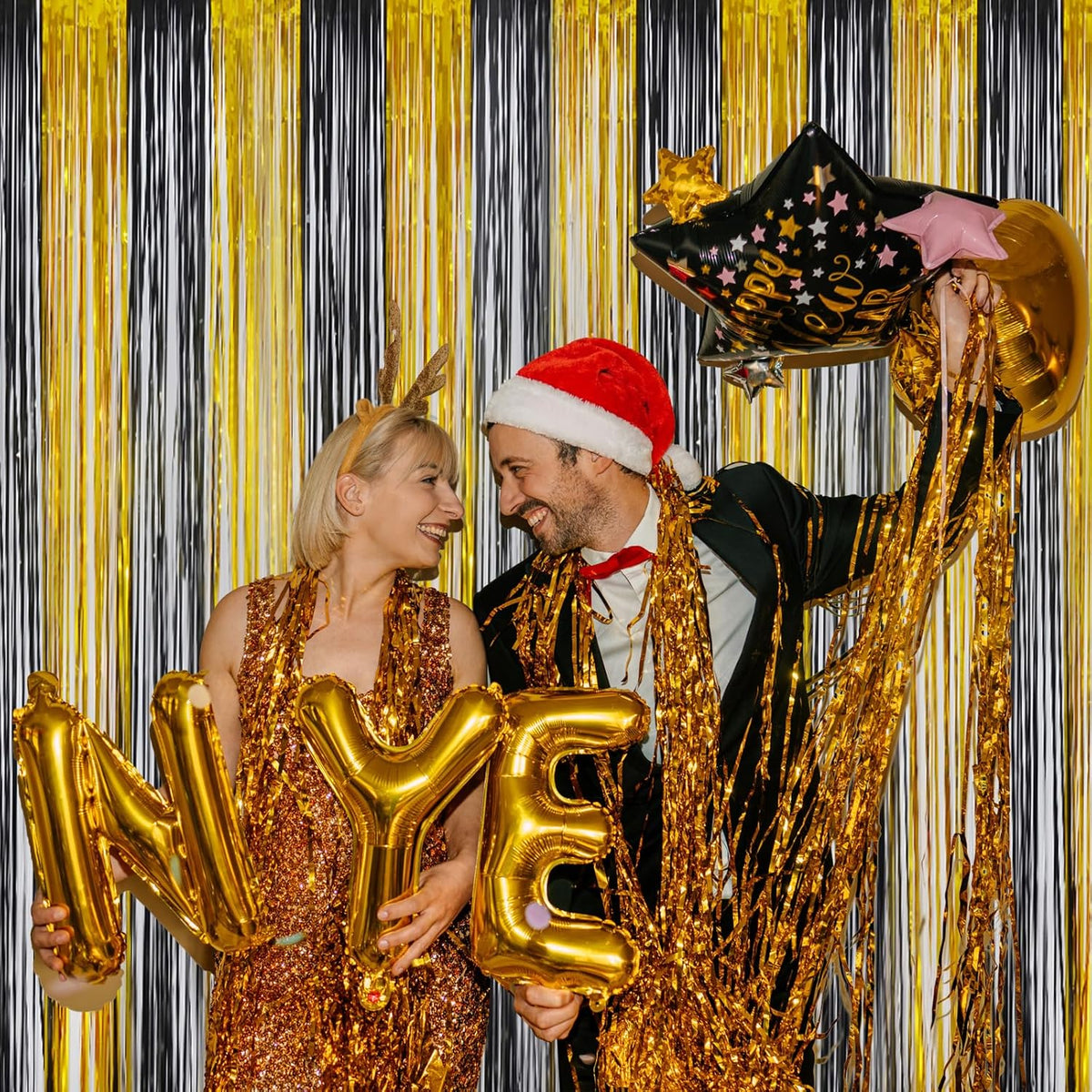 Melsan Foil Curtain Tinsel Backdrop - 3.2ft X 8ft Black and Gold Fringe Curtain Photo Streamers