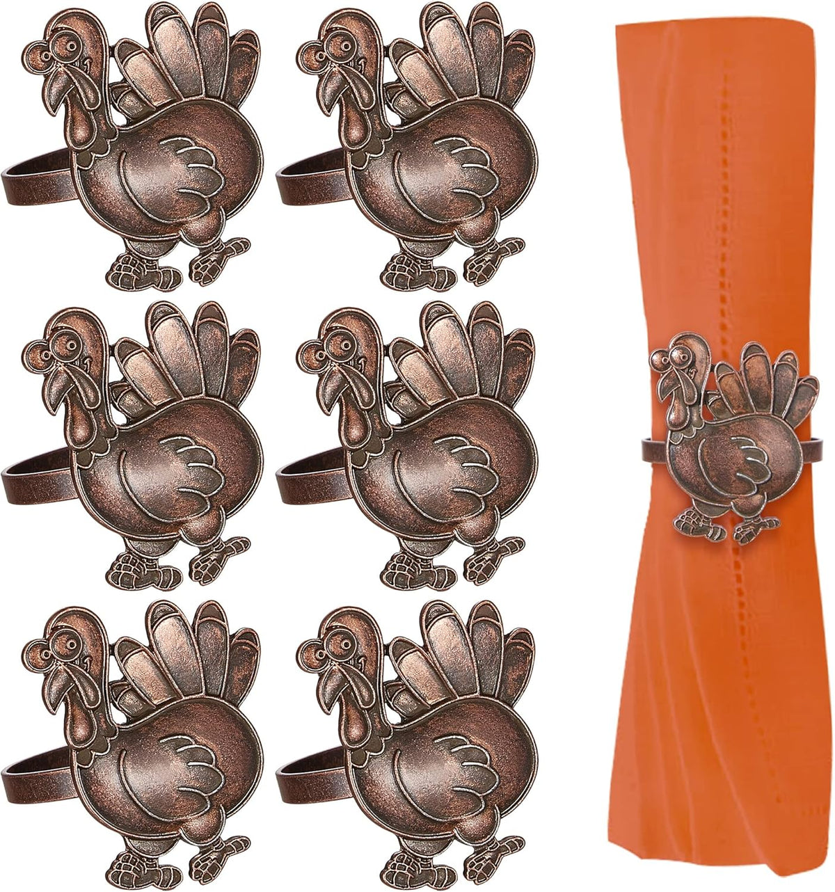 Halatool Thanksgiving Bronze Turkey Napkin Rings Set of 6, Funny Metal Festival Napkin Holders for