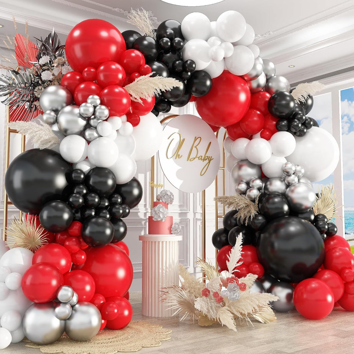 412Pcs Red Black and White Balloon Garland Arch Kit,18 12 10 5 Inch Different Size Red Black White