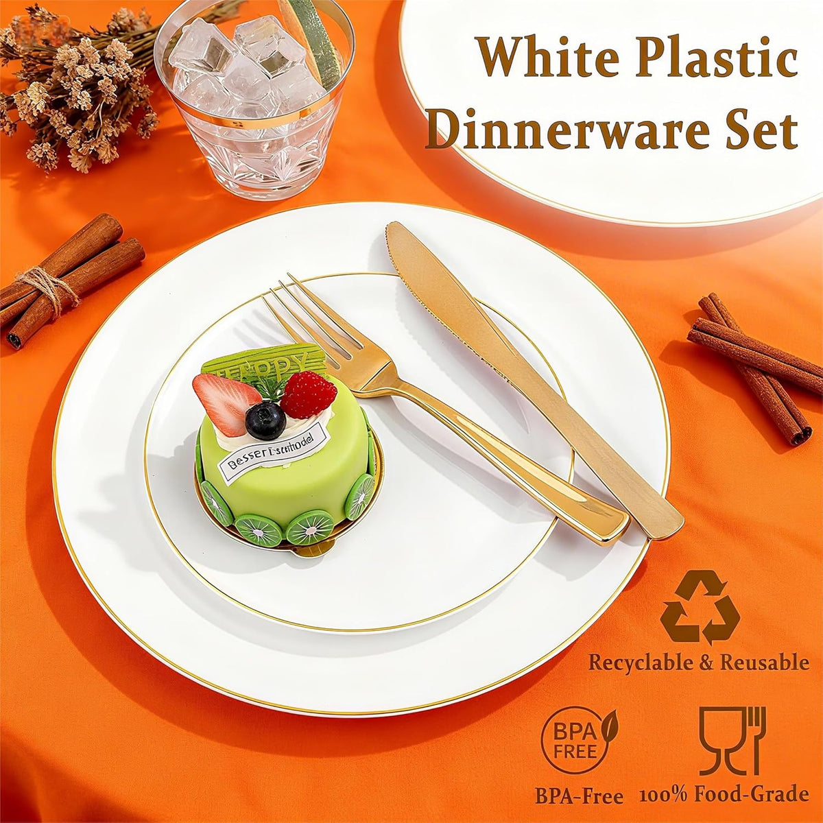 Festiva 176Pcs White and Gold Plastic Plates - White with Gold Rim Fall Dinnerware Set - 25Guest
