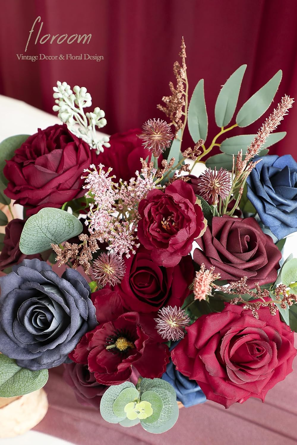 Floroom Burgundy Navy Blue Artificial Flowers Marsala Fake Roses Peonies Greenery Combo Box Set for