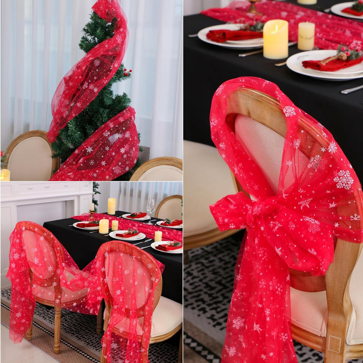 Snowkingdom Red Christmas Table Runner, Red and White Snowflakes Cheesecloth Table Runner, Chiffon