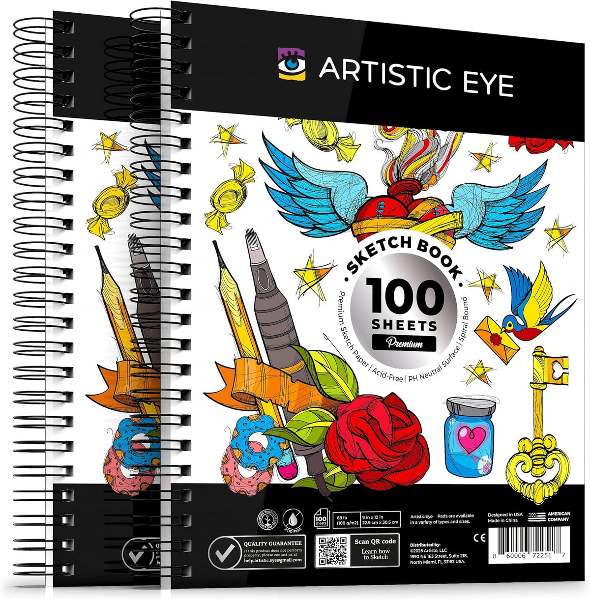 ARTISTIC EYE 9x12 Premium Sketch Book Set, 100 Sheets, Spiral Bound, 68lb (100gsm), Acid-Free