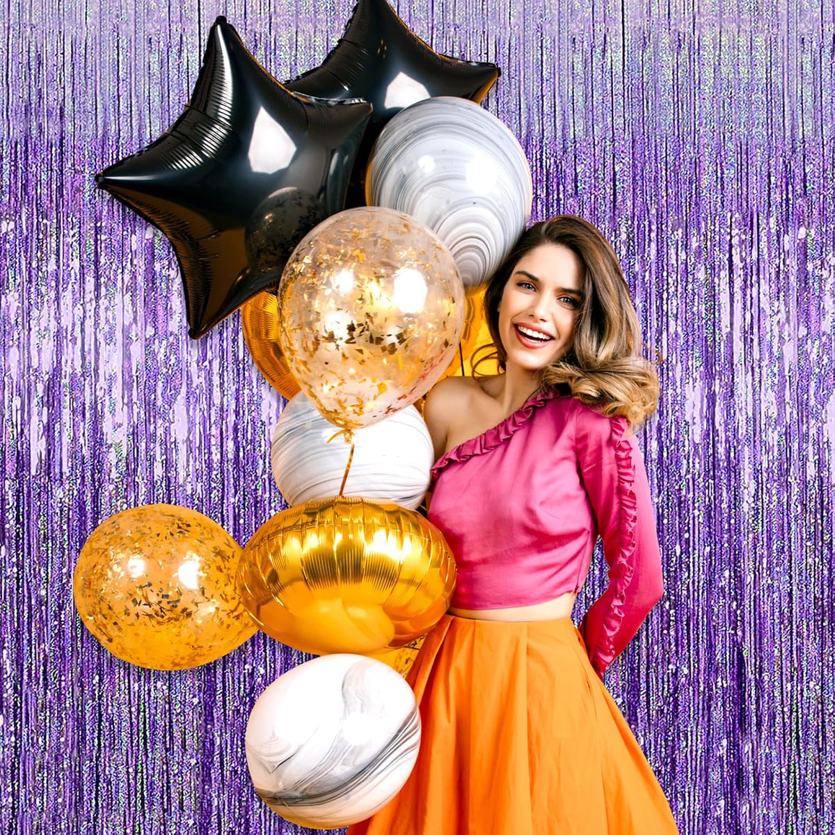 3 Pack Light Purple Foil Fringe Curtain Backdrop, 3.28Ft x 8.2Ft Metallic Tinsel Foil Fringe