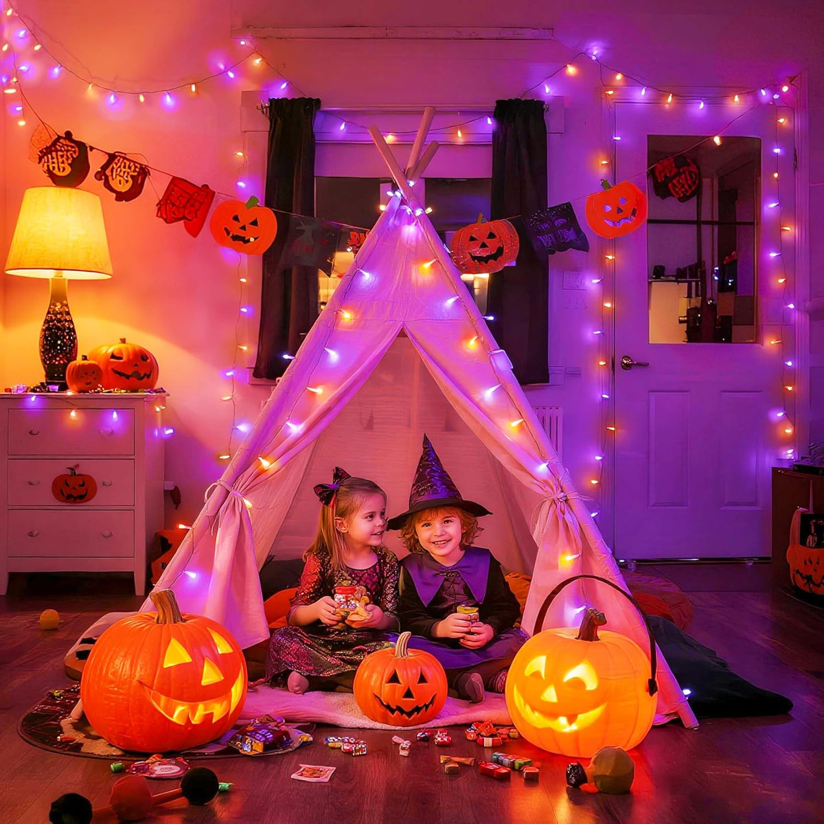 JMEXSUSS 600 LED Christmas String Lights Outdoor, Orange and Purple Lights Clear Wire, Christmas