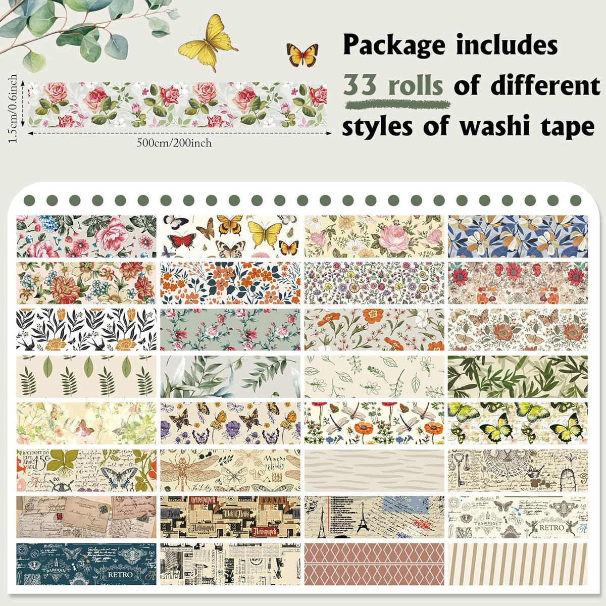 TaoBary 33 Rolls Holiday Plaid Washi Tape, 15 mm Seasonal Washi Tape Set Bohemian Colorful Vintage