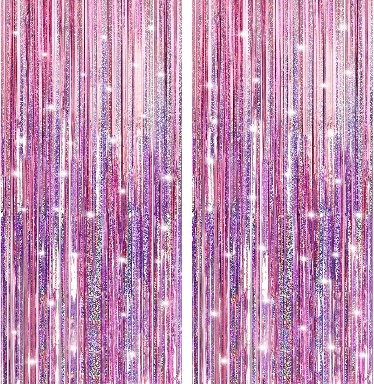 2 Pack Laser Pink Foil Fringe Curtains Streamers Party Decorations 3.3 x 8.2 ft, Tinsel Curtain