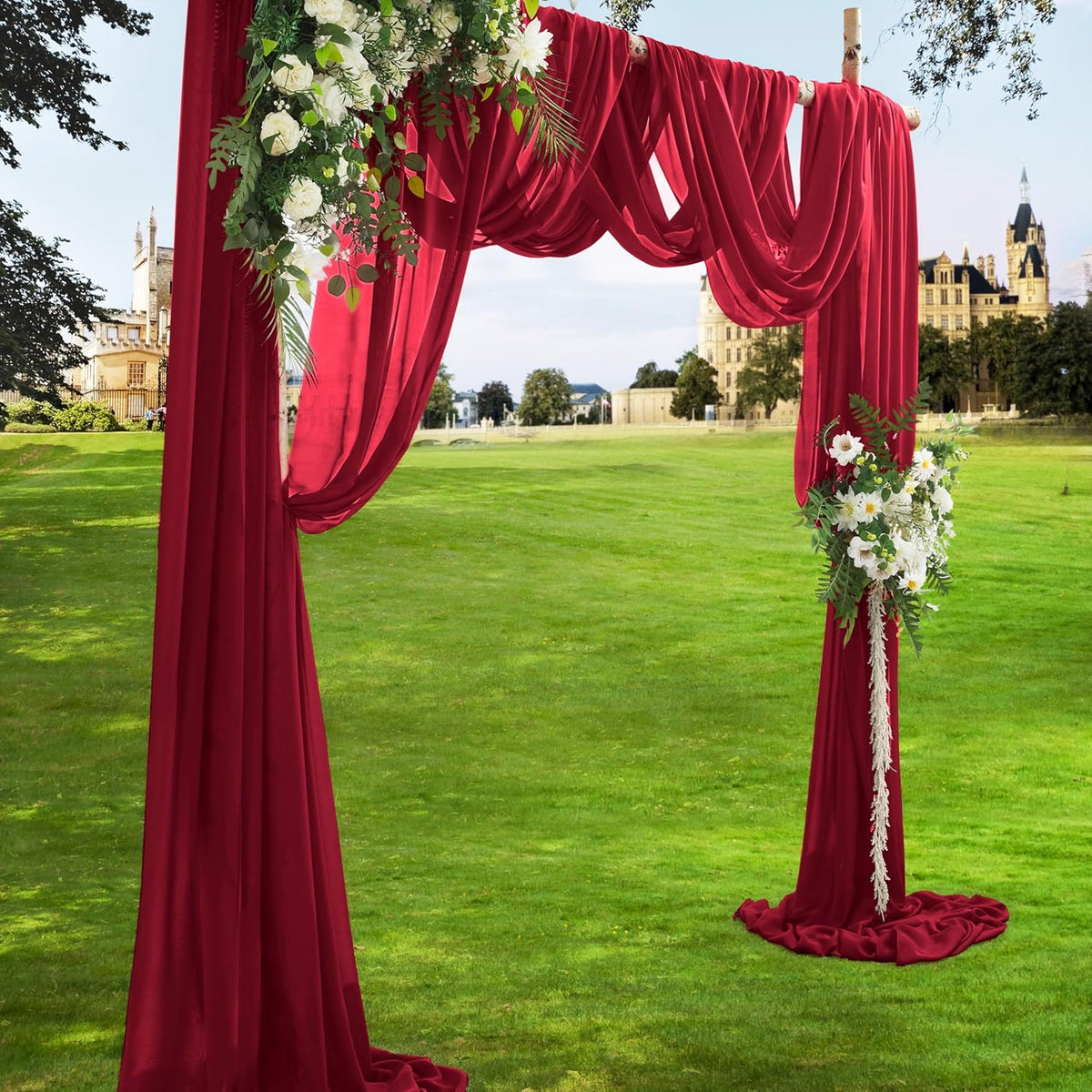 VACVELT Wedding Arch Draping Fabric - Burgundy Chiffon, 2 Panels Sheer Drapes, 30 Inch x 20ft