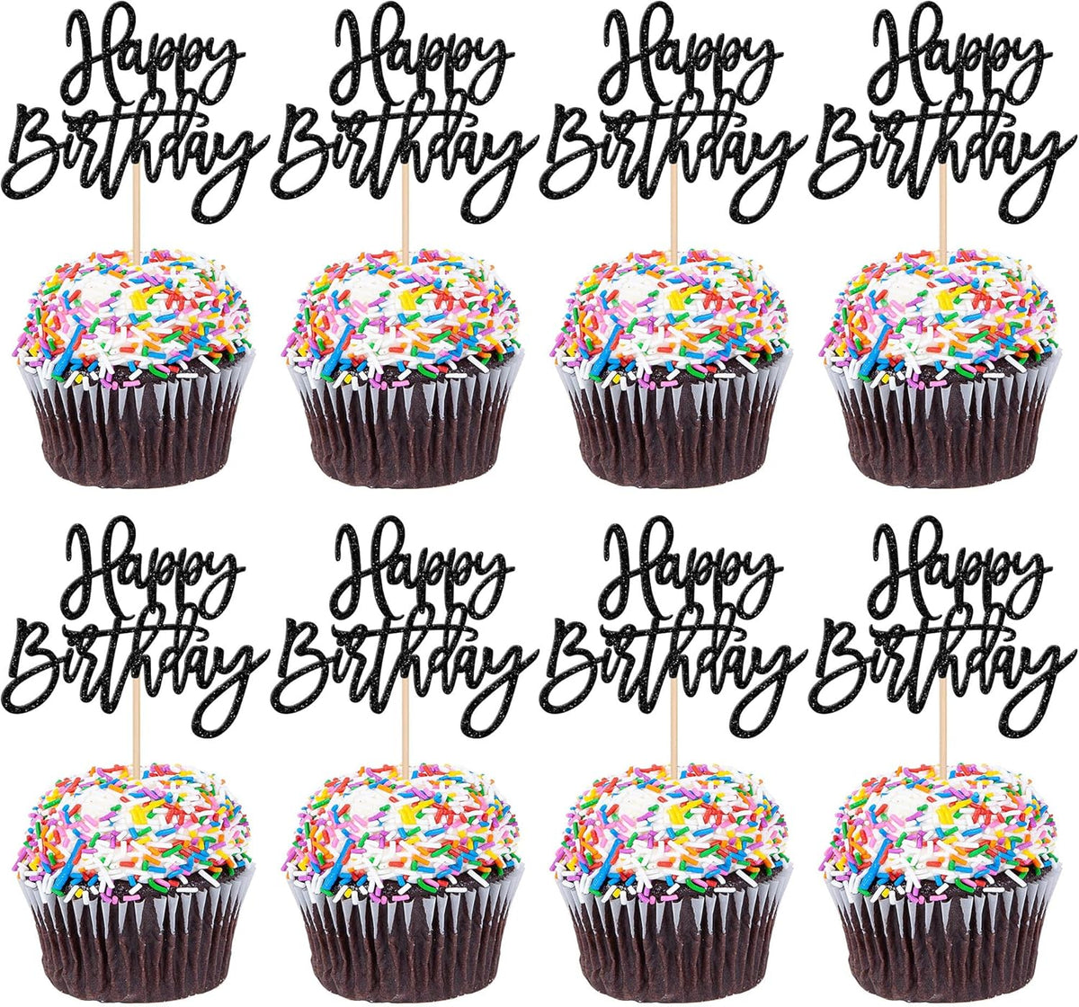 24 PCS Glitter Cupcake Toppers - Happy Birthday & Anniversary Cake Decorations - Black