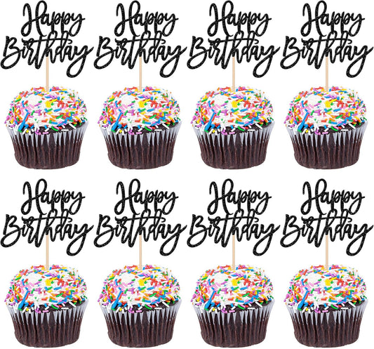24 PCS Glitter Cupcake Toppers - Happy Birthday & Anniversary Cake Decorations - Black