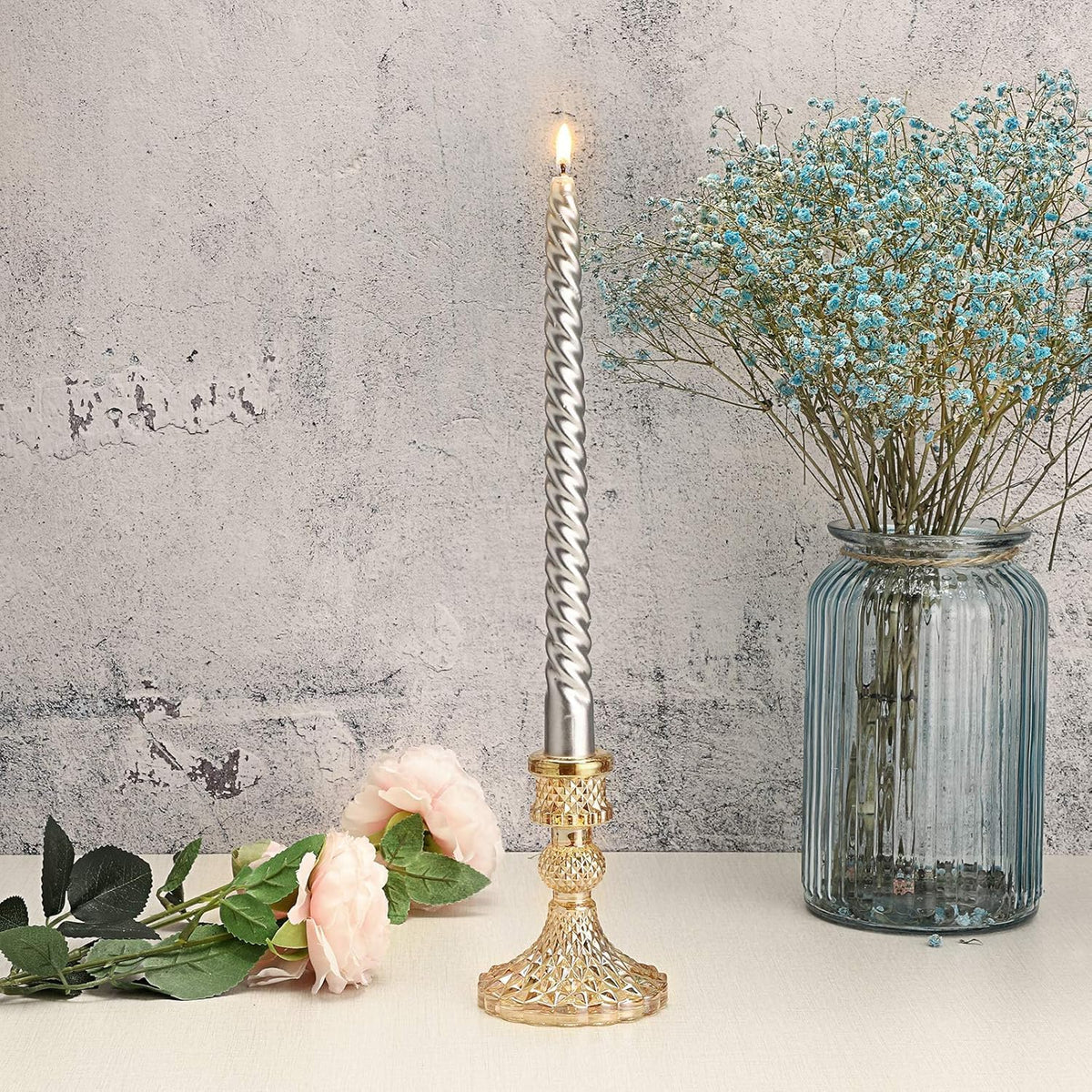 OwnMy Set of 2 Gold Glass Taper Candle Holders Decorative Glass Candlestick Holders, Modern Taper