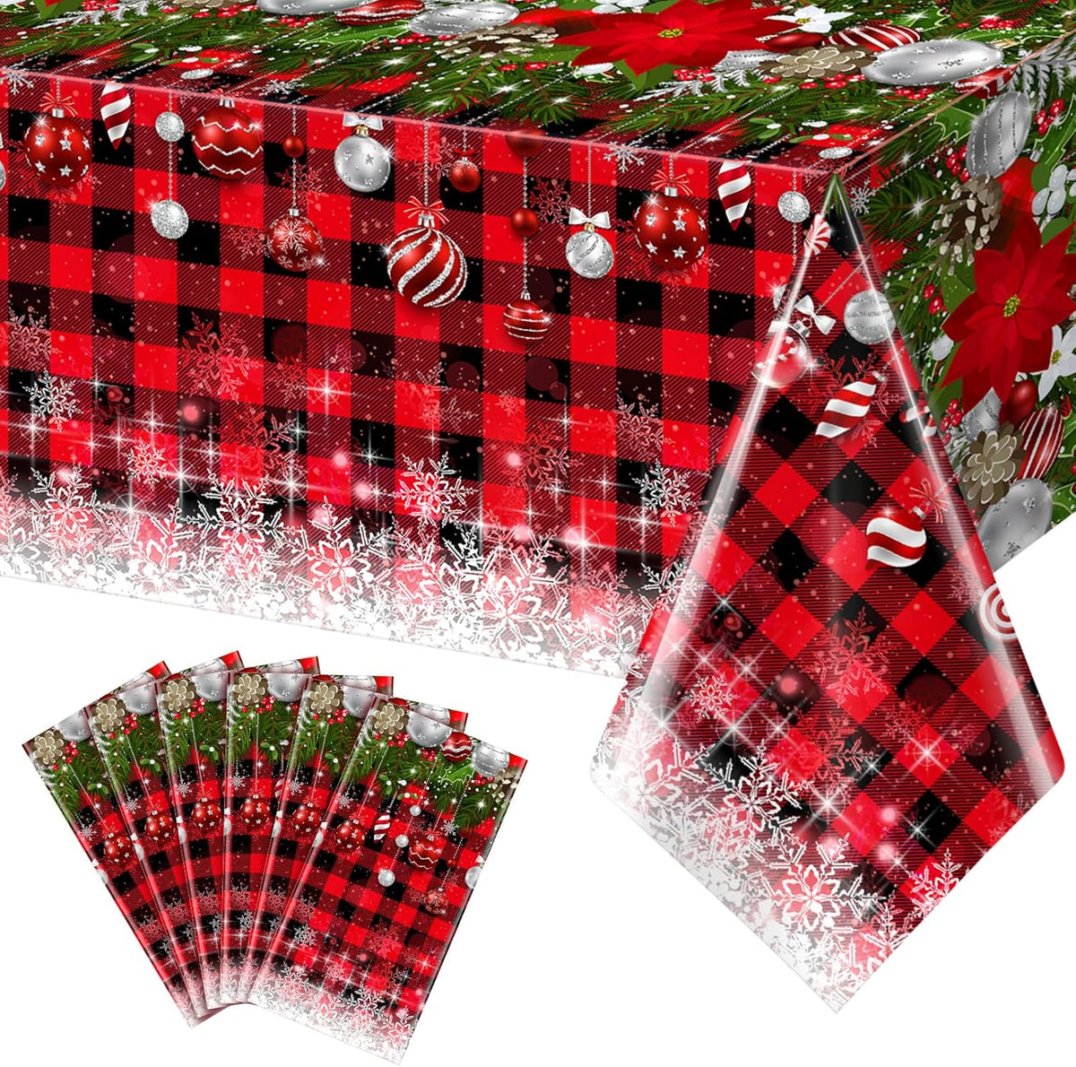 6Pcs Christmas Buffalo Plaid Snowflake Tablecloths,Plastic Red and Black Checkered Rectangle