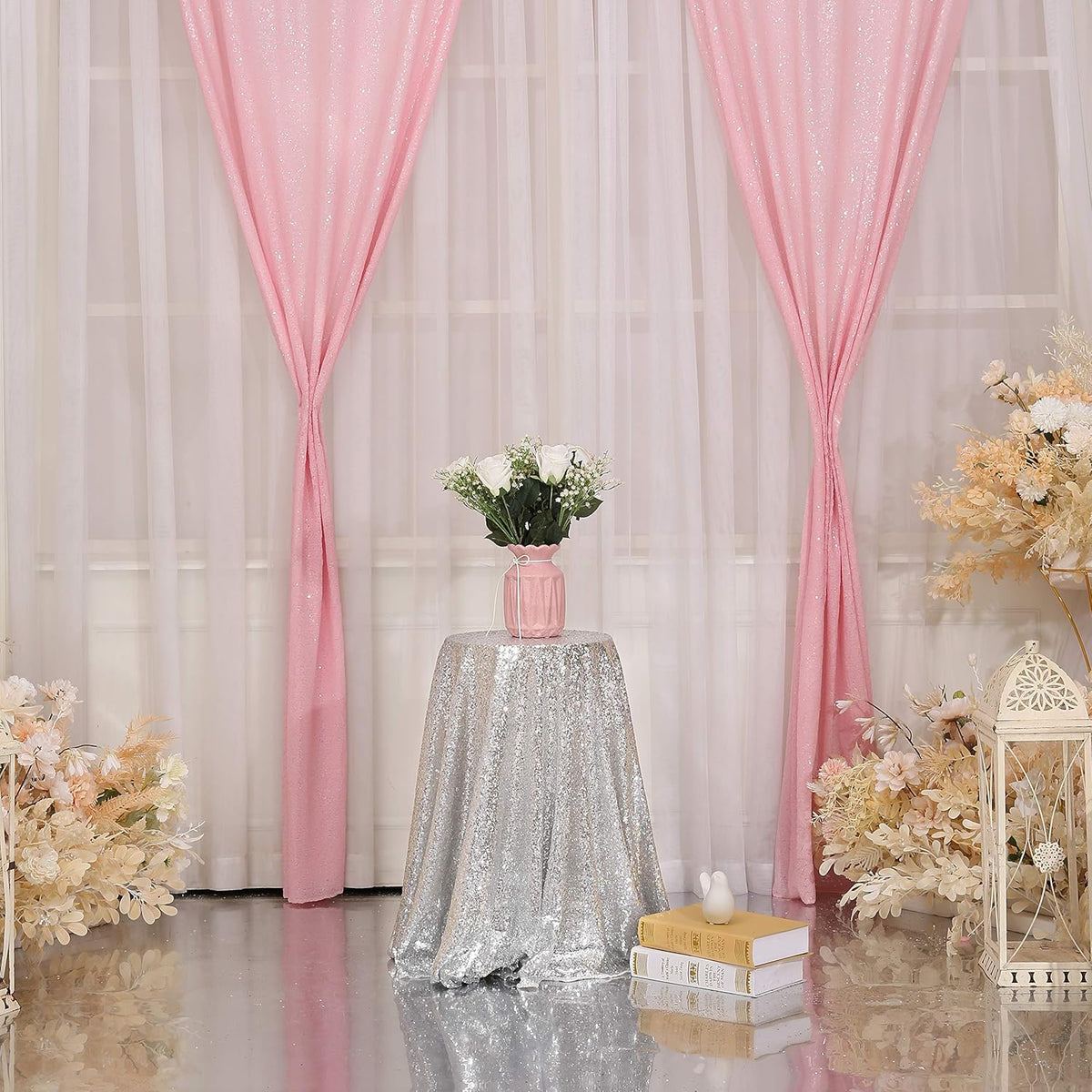 Pink Sequin Backdrop Curtains,2 Panels 2ft x 8ft Sequin Photography Backdrop Curtain for Wedding