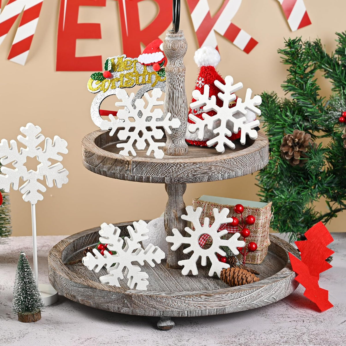 5 Pcs Wooden Christmas Snowflake Sign Winter White Glitter Snowflake Decorations Holiday Wonderland