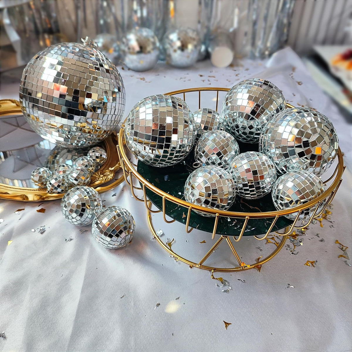 54 Pcs Disco Ball Hanging Decor - Mini Silver Mirror Ball Cake Topper for 74s Themed Party