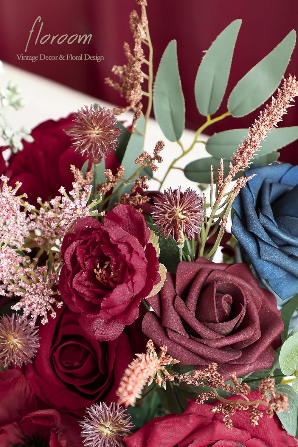 Floroom Burgundy Navy Blue Artificial Flowers Marsala Fake Roses Peonies Greenery Combo Box Set for
