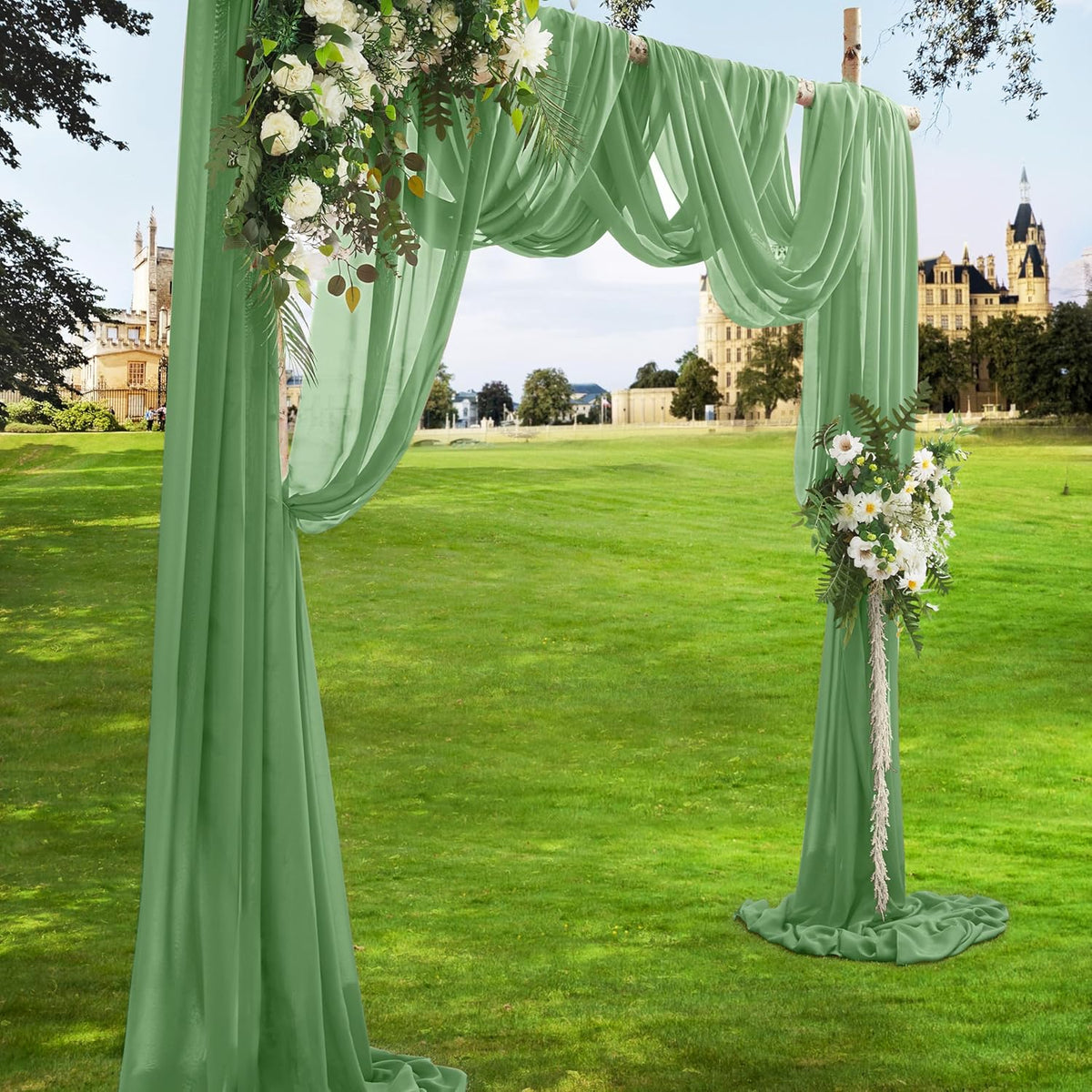 VACVELT Wedding Arch Draping Fabric Sage Green Chiffon, 2 Panels Sheer Drapes 30 Inch x 20ft
